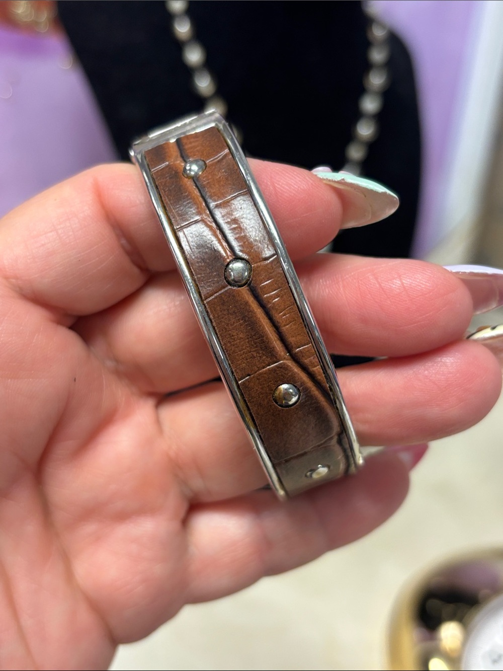 Brown Leather-Inlay Silver Bangle Bracelet